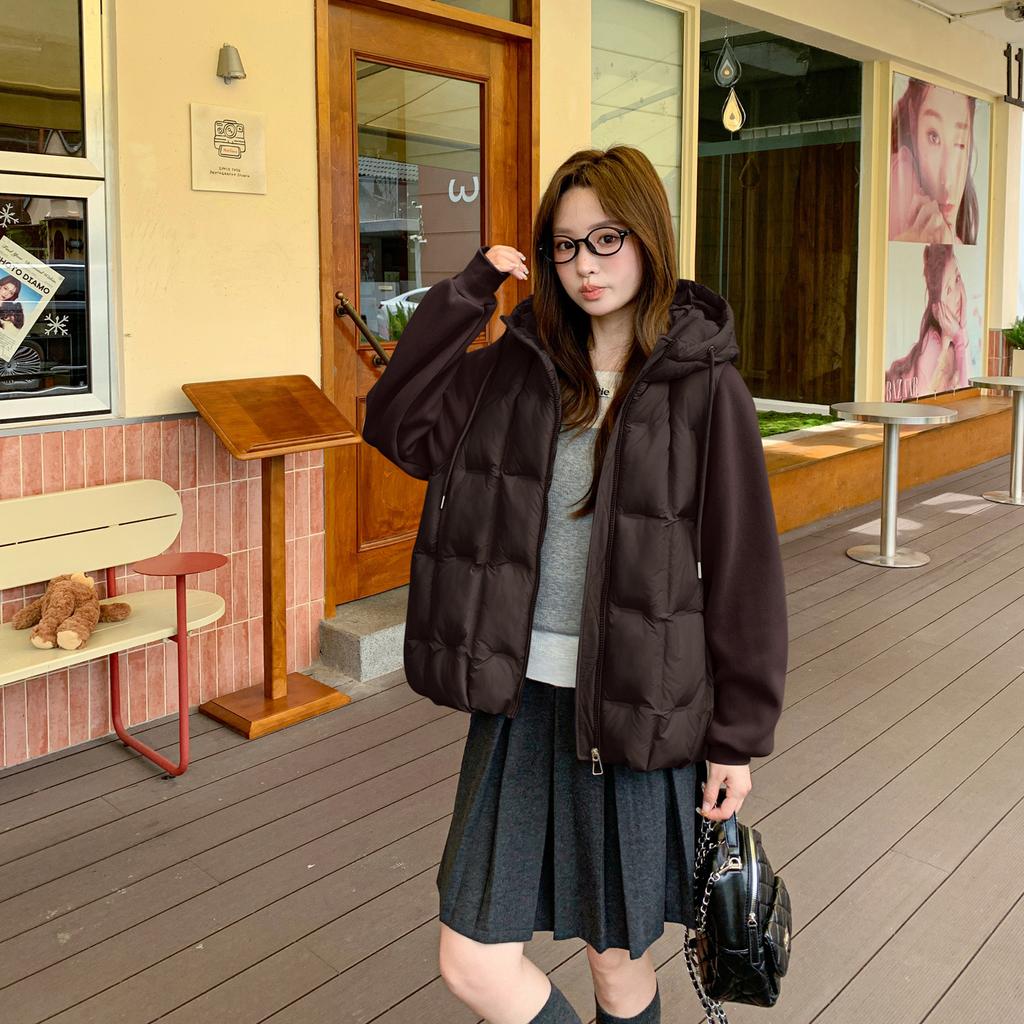 New knitted sleeved cotton clothes women's short winter fluffy warm knitted splicing light cotton coat