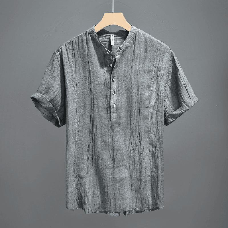 Men's Linen Blend Henley Shirt Short Sleeve Stand Collar Casual Top