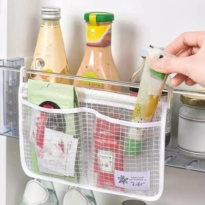 Refrigerator Storage Net Bag Double Compartment Hanging Mesh Organizer for Sauce Packets Spices Kitchen Pantry Organization