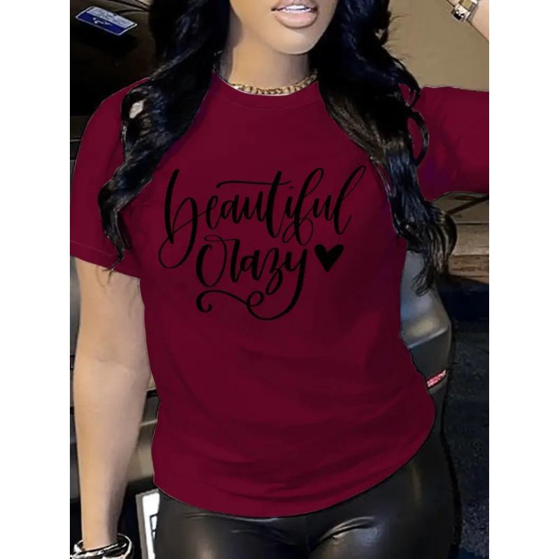 Women's Personalized Dark Red Solid Color 3D Letter Printed Personalized T-shirt