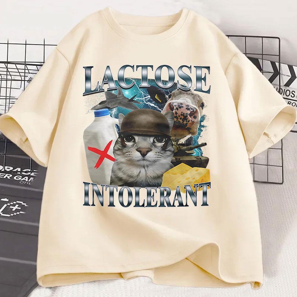 Lactose Intolerant Funny Cat Meme T-Shirt Men Women Retro Fashion Short Sleeve T-shirts Cotton Casual Cozy Oversized T Shirts