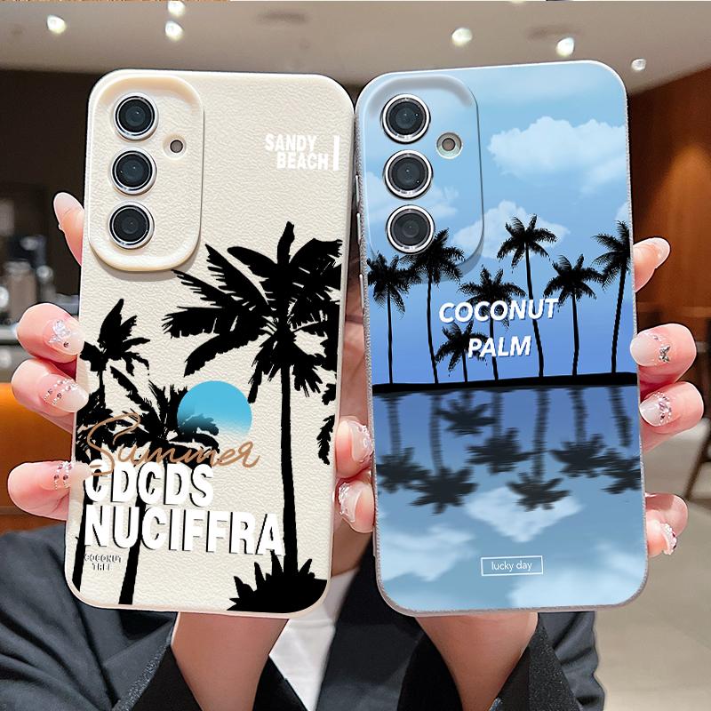 Creative Coconut Sunset Print Case For Samsung S26 S25 S24 Ultra S23 S22 S21 FE A15 A16 A17 A35 A36 A37 A54 A55 A56 A57 5G Leather Texture Cover