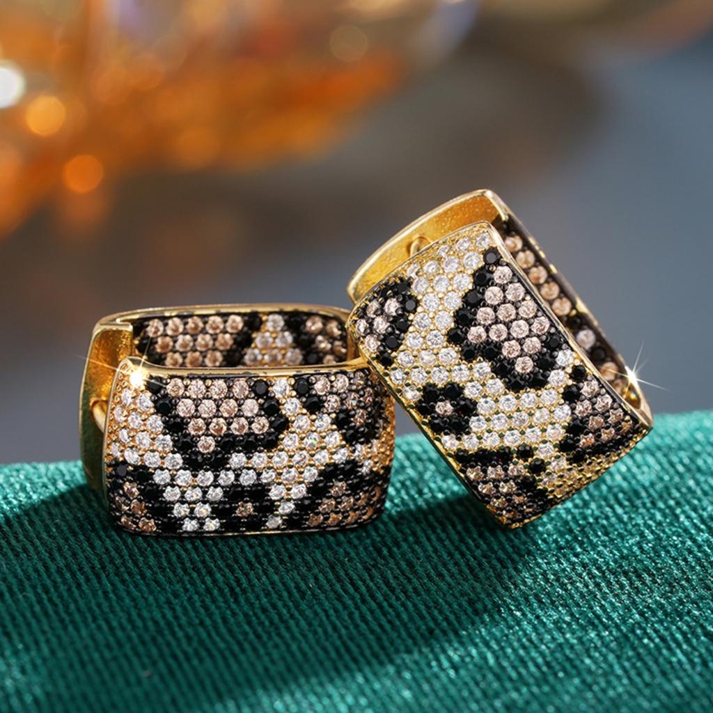 Leopard Print Full Paved Hoop Earrings for Women Trendy Gold Tone Jewelry