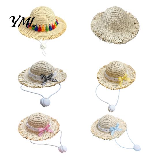 Summer Pet Sun Hat Cat Straw Hat, with Lace And Bow, Adjustable Protection Cute for Cats Small Dogs Outdoor Walks