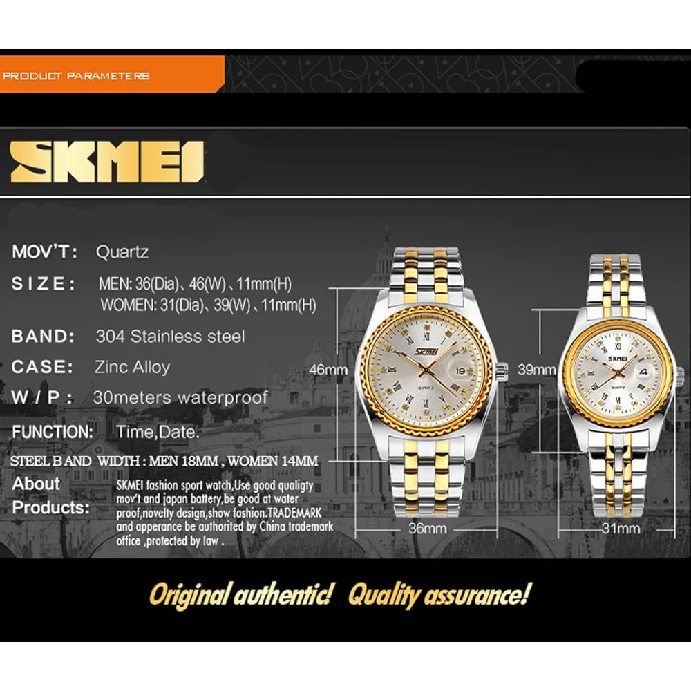"Classic Women's Analog Quartz Watch Gold Silver Stainless Steel Waterproof Casual Date Display"