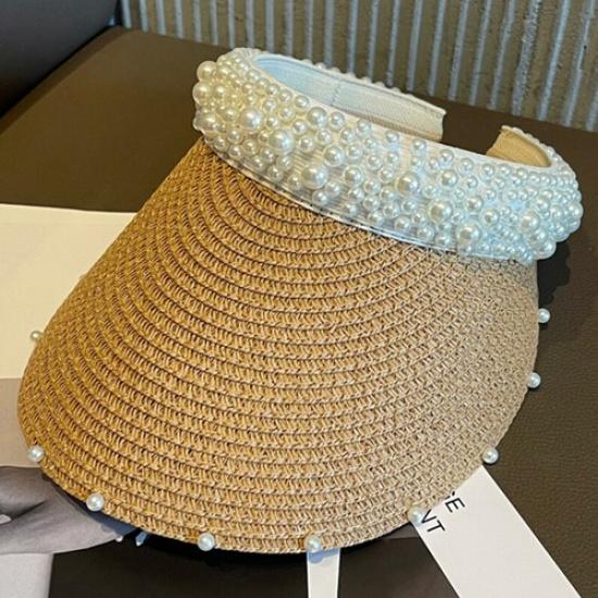 Women Beach Sun Hat Straw Visor Cap Beaded Pearl Casual Vacation Summer Sun Hat