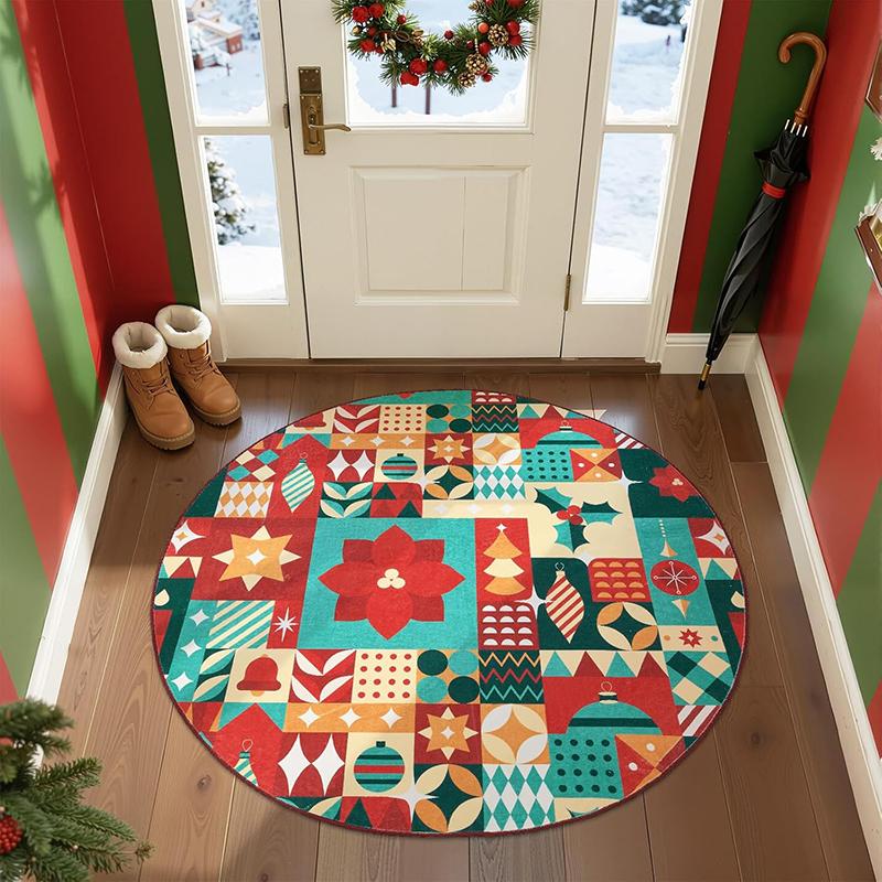 

1pc Christmas round carpet: festive design of home decoration-tree pattern, wreath, nutcracker. 60cm