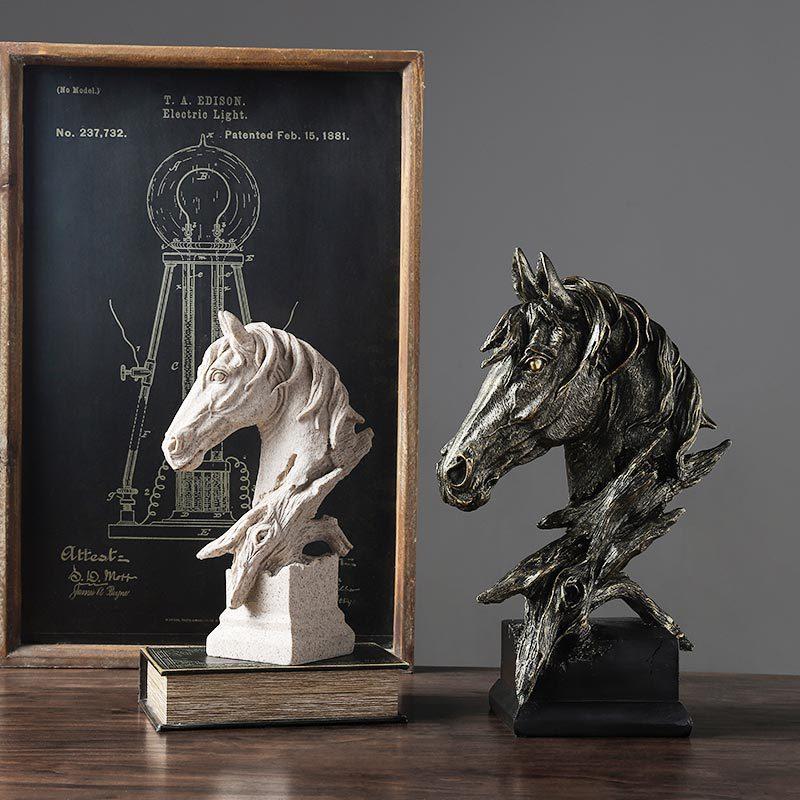 European Retro Horse Head Statue Success Symbol for Living Room Office TV Cabinet Home Decor Craft Artwork Gift for Business
