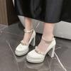Fashion Round Toe Square Heel Mary Janes High Heel Buckle Strap Ladies Shoes 2025 Fashion Beaded Platform Fashion Pumps Chaussures Femme