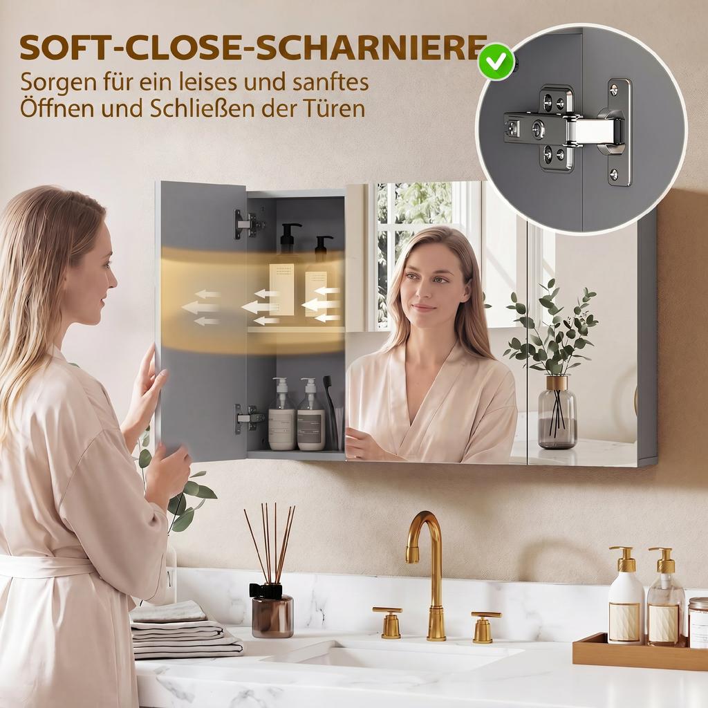 Wall-Mounted Bathroom Mirror Cabinet, Medicine Cabinet with 3 Doors, Adjustable Shelves, Grey