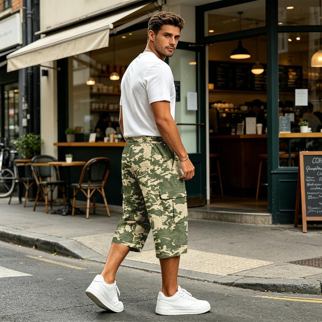 Men's Camouflage Cargo Shorts with Drawstring Waist - Casual Multi-Pocket Shorts for Outdoor Adventures