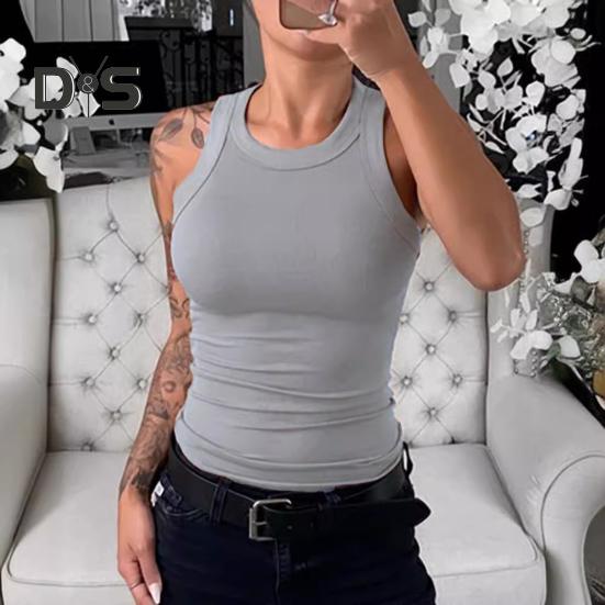 Women Vest Round Neck Sleeveless Elastic Slim Fit Tops Solid Color Sport Camisole Summer Gym Fitness Tops