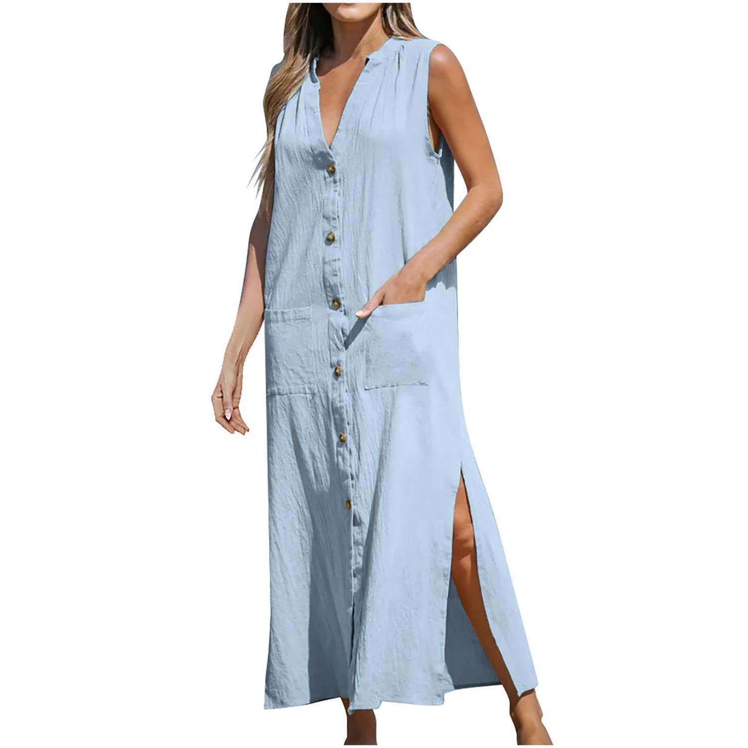 

2025 Новое женское платье из хлопка и льна без рукавов, однотонное, однобортное, свободная длинная юбка с V-образным вырезом XXL синий