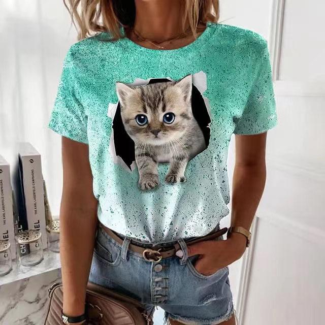 

Летний топ с круглым вырезом и принтом 3D Cat, модные повседневные женские футболки с короткими рукавами 6XL