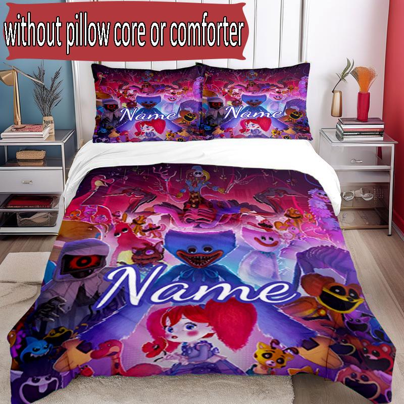 3pcs Duvet Cover Set (1*Duvet Cover + 2*Pillowcase, Without Core), Custom Name Huggy Wuggy Pattern Bedding Set, Home Bedroom Decor Gift