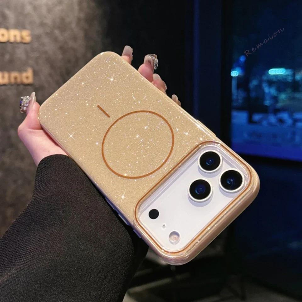 Magnetic Phone Case for iPhone 17 16 15 14 13 Pro Max Air Plus For Magsafe Funda Bling Bling Glitter Wireless Charger Cover