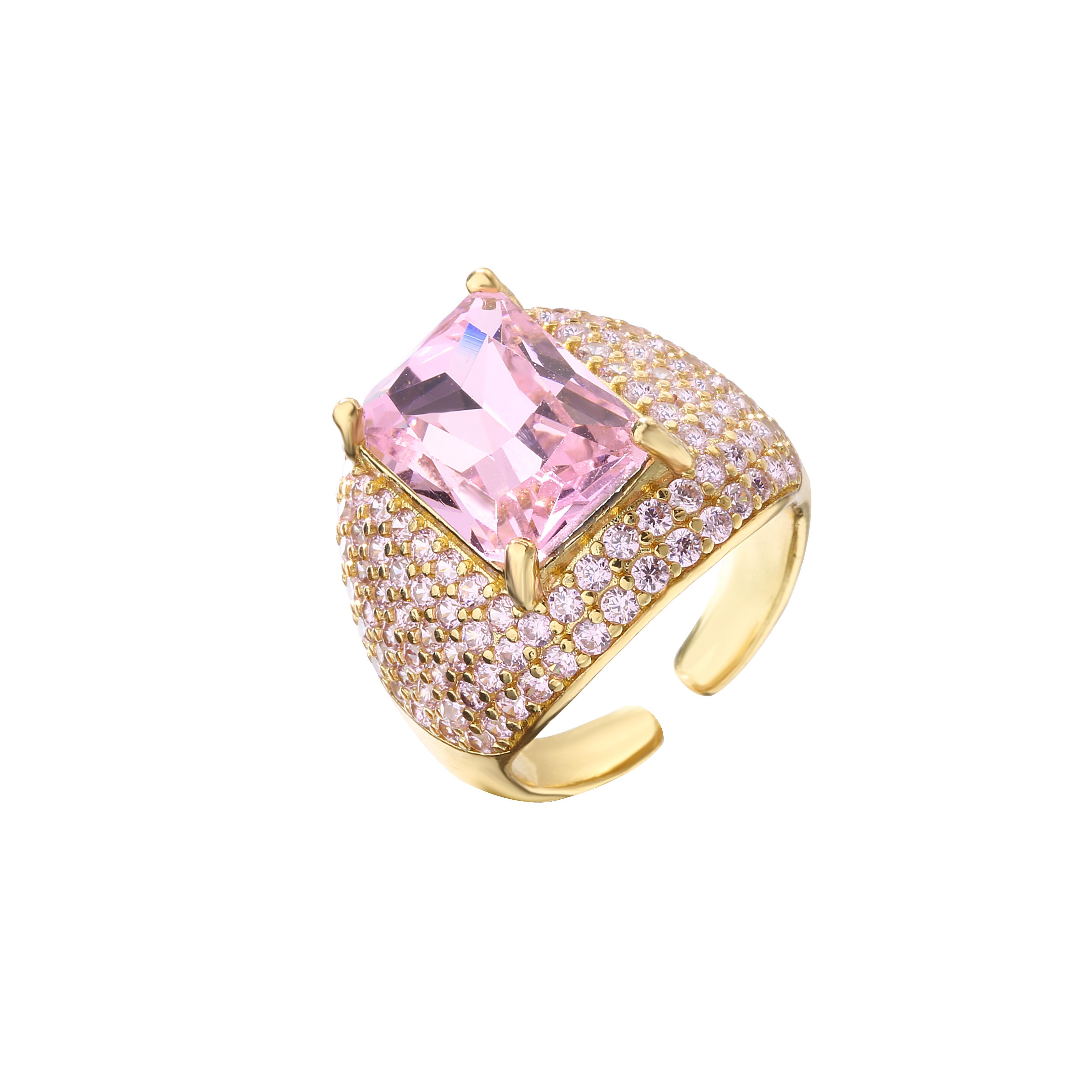 18K Gold Plated Brass CZ Statement Ring For Women Multicolor Cubic Zirconia Inlaid Adjustable Open Cocktail Zircon Gift