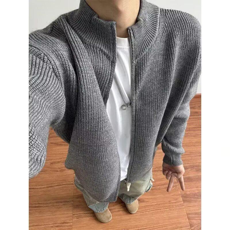 

Men s Retro American Style Slim Fit Zipper Stand Collar Knit Cardigan Sweater for Autumn/Winter Extra Large сірий колір