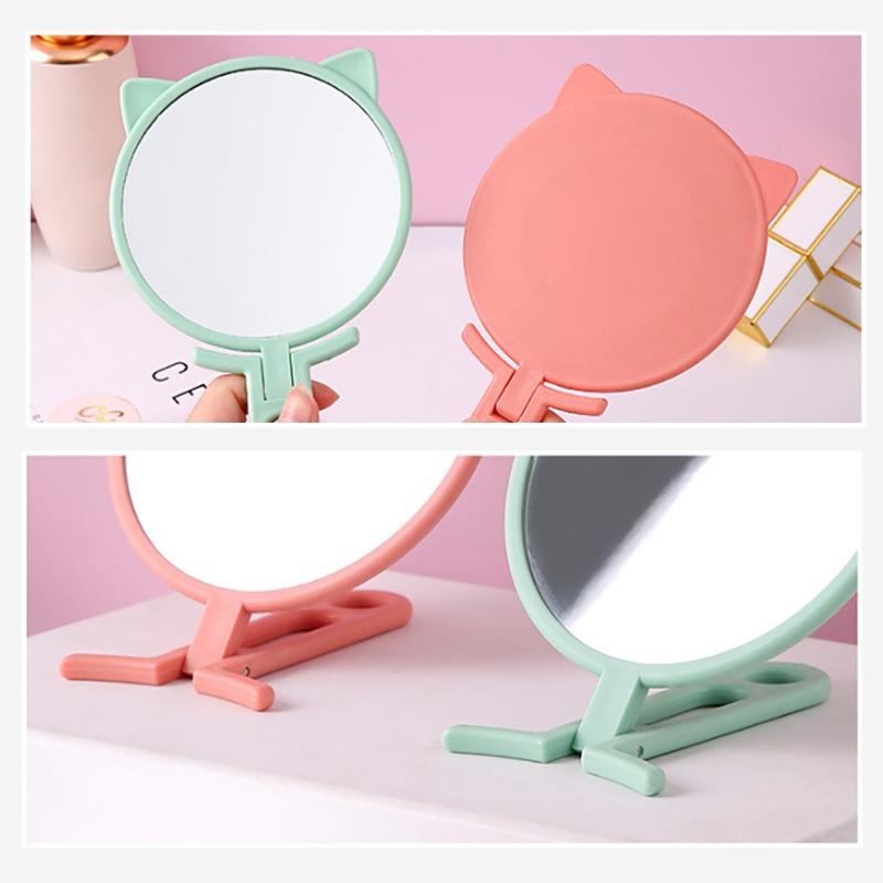 1 Stück Einfache Katzenohren Handheld HD Make-up-Spiegel Tragbar Faltbar Dual-Use Schreibtischspiegel Günstiger Studenten Hand-Make-up-Spiegel