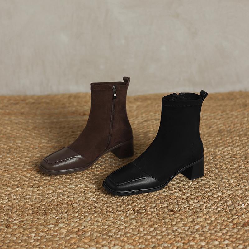 Krazing Pot Cow Skin Winter Square Toe Chelsea Boots Med Heels Zipper Women Flock Patch Work Ankle Boots