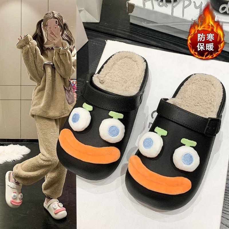 Thick-soled fleece cotton shoes, toe-wrapped half slippers, 2025 autumn/winter new cartoon fur slippers, women's outerwear