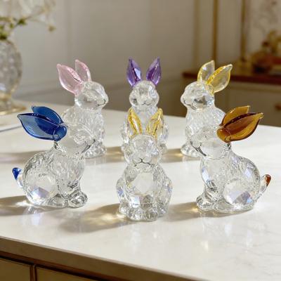 Faux Crystal Easter Bunny Figurine Handmade Clear Glass Rabbit Statue Miniature Animal Sculpture Table Centerpiece for Home Desk Bookshelf Decor