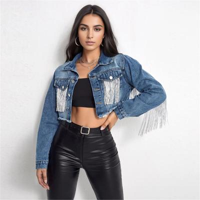 Herbst Frauen Vintage Langarm Lose Quaste Kurze Jeansjacke Dame Einreiher Tasche Jeans Mantel Plus Größe