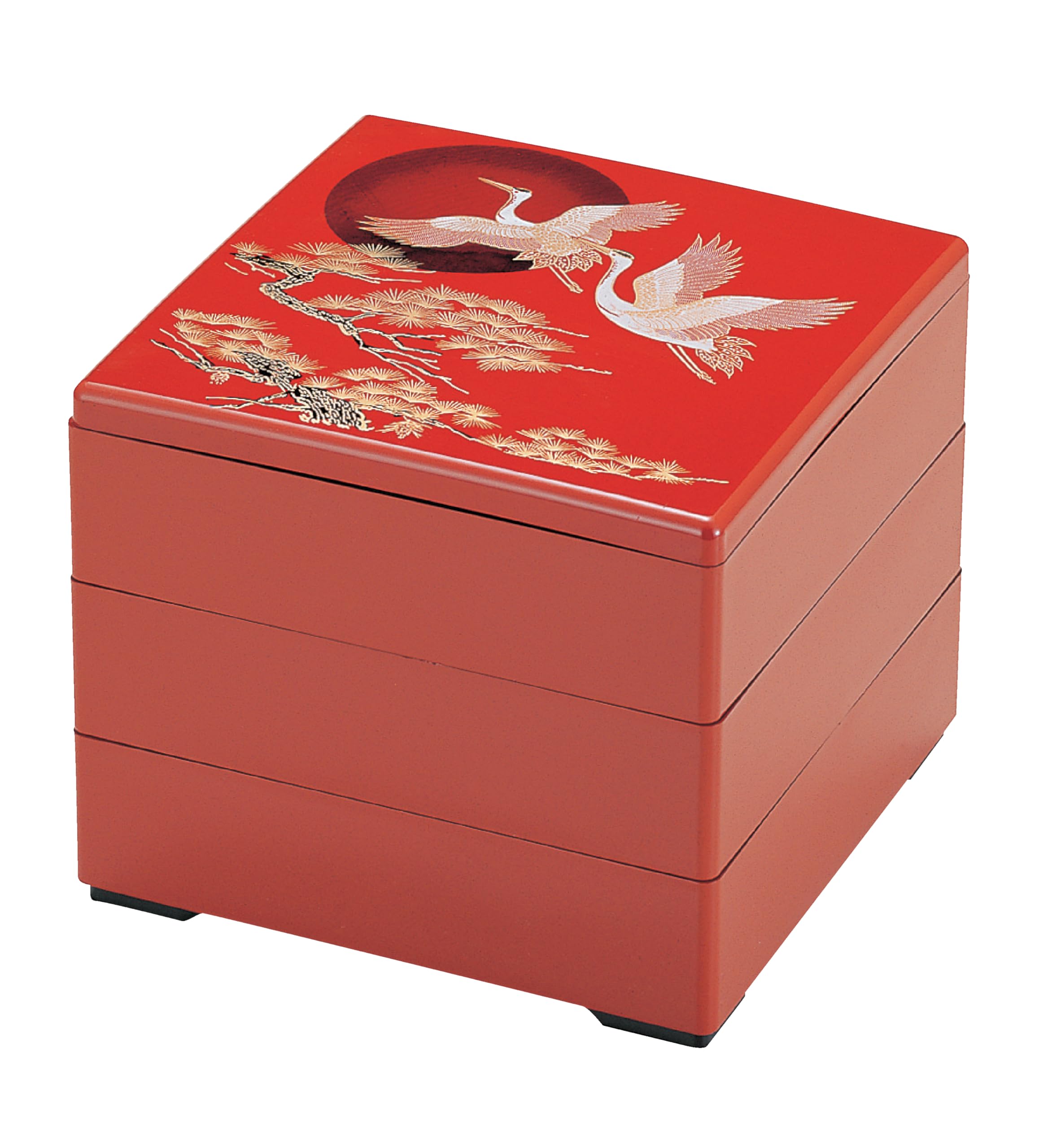 Wakaizumi Lacquerware Bento Box with Red Sunrise Crane 3 6.5-inch (Black Interior), Tiers, H-154-6A