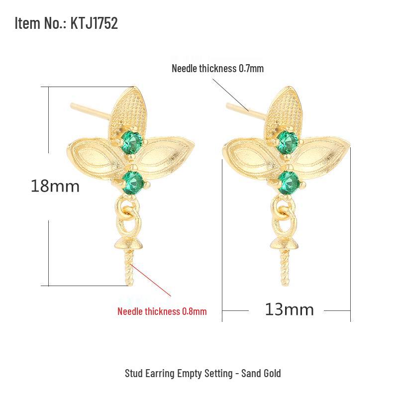 

S925 Sterling Silver Floral Pendant Setting with Imitation Pearl Round Bead and Sand Gold Stud Earrings