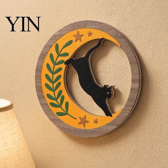 Layered Wood Wall Hanging 4Pcs 3D Boho Cat Decoration, Round Wooden Hangings, Animal Star Sun Moon Art Botanical Decor, Plaque for Living Room Bedroom