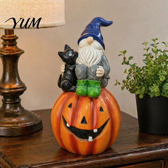 Autumn Home Accents Halloween Gnome Outdoor Garden Statue, Resin On Pumpkin Figurine with Desktop Shelf Decorations Black Cat, Fall Dwarf Sculpture