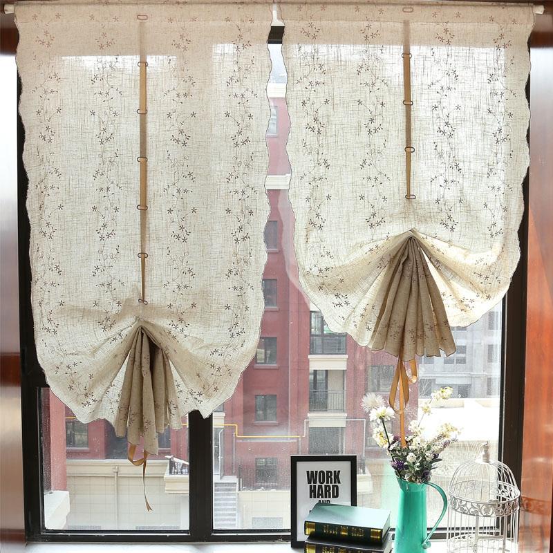 Retro Cotton Linen Lace Embroidered Balloon Pull Up Curtain for Living Room Kitchen Threading Rod Short Window