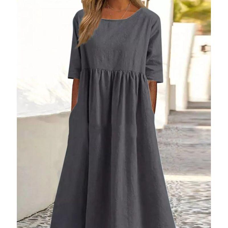 

Plus Size Chubby Girl Fashion round Neck Pure Color Ruched Pocket Loose Casual Mid Length Long Length Short Sleeve Dress Female S-5XL Dark gray L