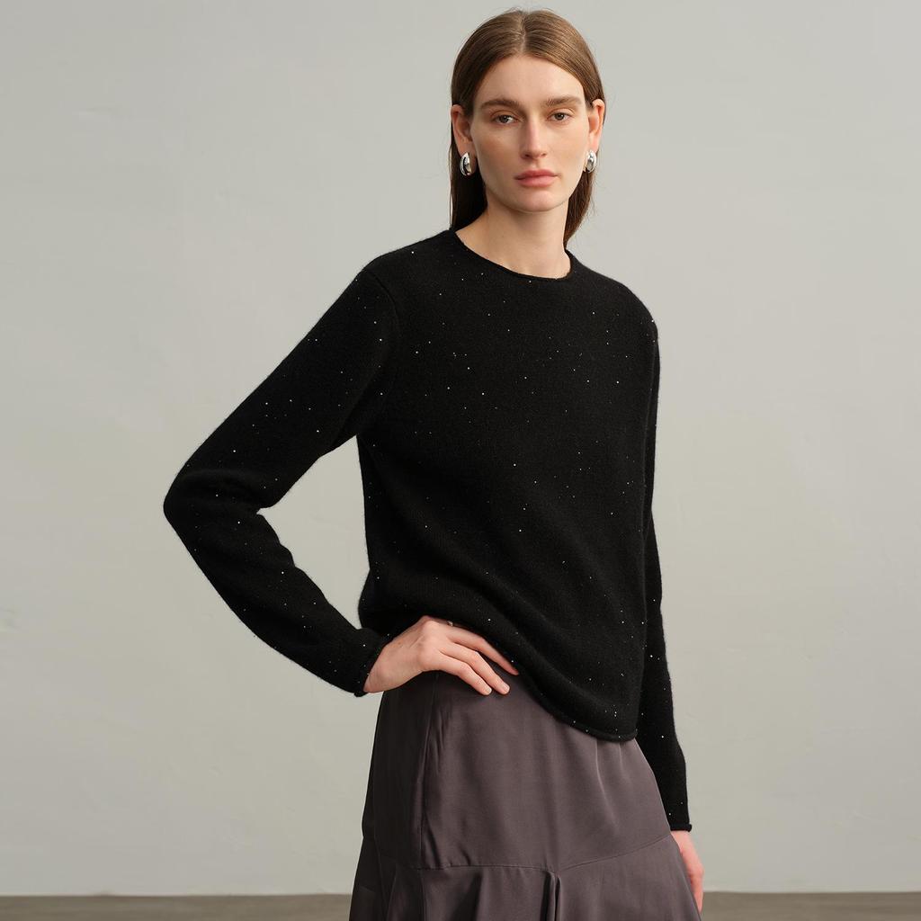 Women's Sequined Cashmere Sweater - Thickened Roll-Edge Round Neck, Versatile Autumn/Winter Casual Knit Base Layer