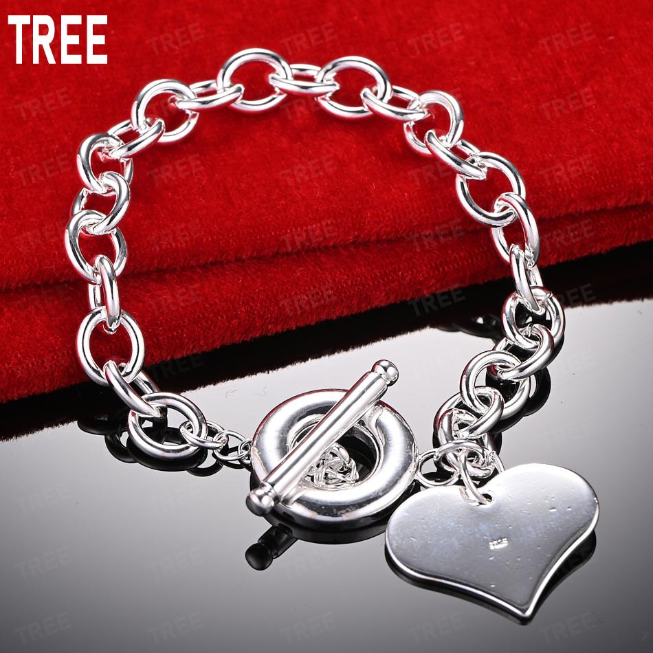 925 Sterling Silver Simple Heart Side Chain Beautiful Bracelet Gift Jewelry 20CM