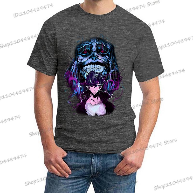 Japanese Anime Solo Leveling T Shirt Men Sung Jinwoo God Statue Cartoon Graphic Tees Harajuku Short Sleeve High Quality Tshirt