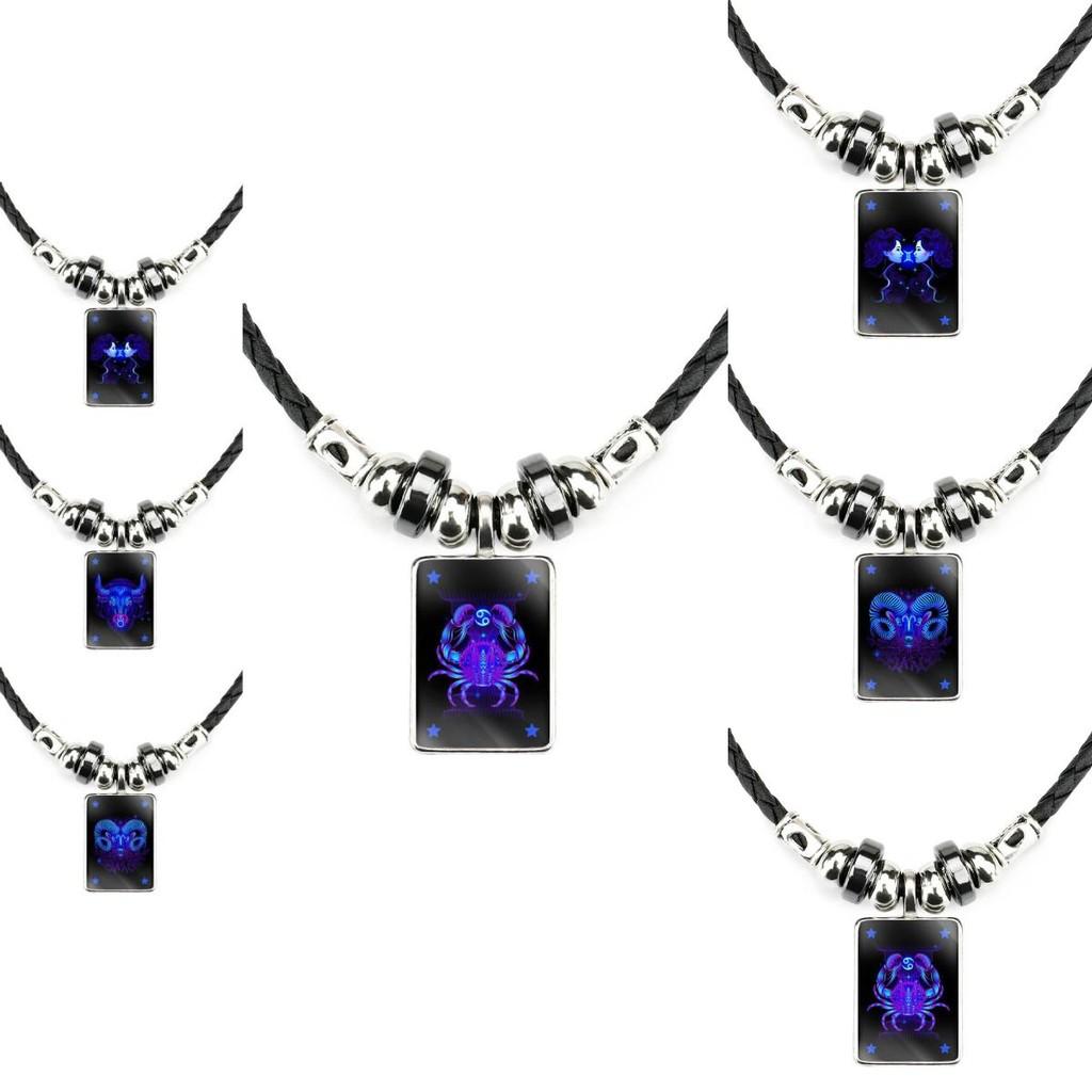 Trendy Unisex Zodiac Pendant Necklace Handmade With Black Leather Rope