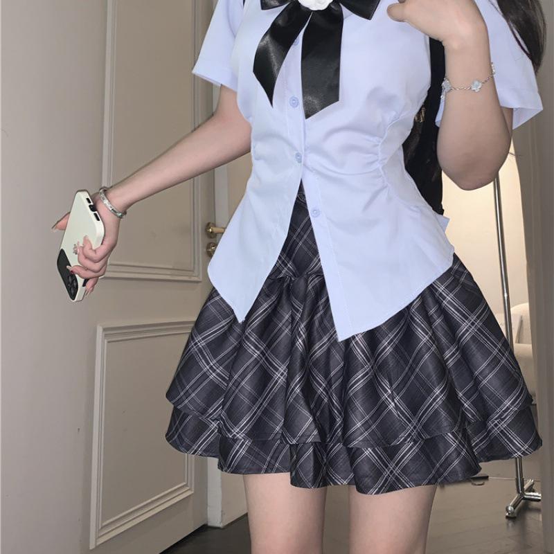 Hot Girl College Style Thai School Uniform Bow Short Sleeve Shirt Women’s Summer Two-Piece Set