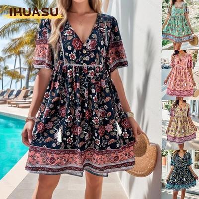 Fashion Summer Spring Short Sleeve V-Neck Casual Dresses