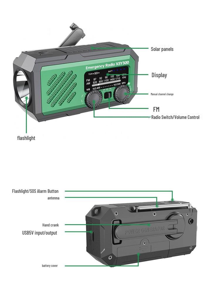 Portable Solar Hand-Crank Emergency Radio with USB Charging