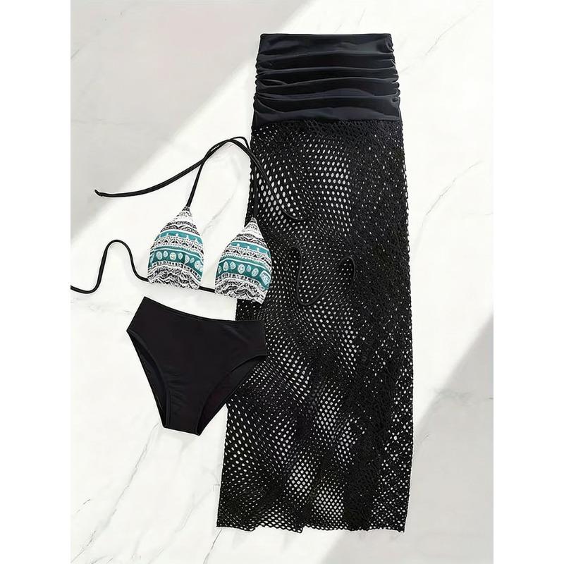 

Женский бохо-бикини комплект из 3 предметов с макси-юбкой-сеткой - Купальник с tribal-принтом S чёрный