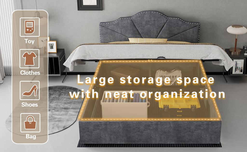 Modern minimalist bed, comfortable headboard, 140*200CM, gray, high box bed with pneumatic rod, does not include mattress.