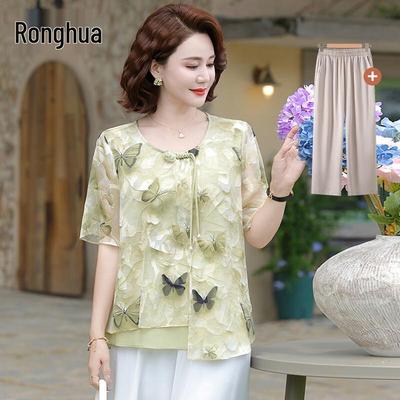 Elegant Floral Chiffon Blouse for Middle-aged Women