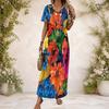 Women Plus Size V Neck Short Sleeve Colorful Floral Printed Straight Long Dress