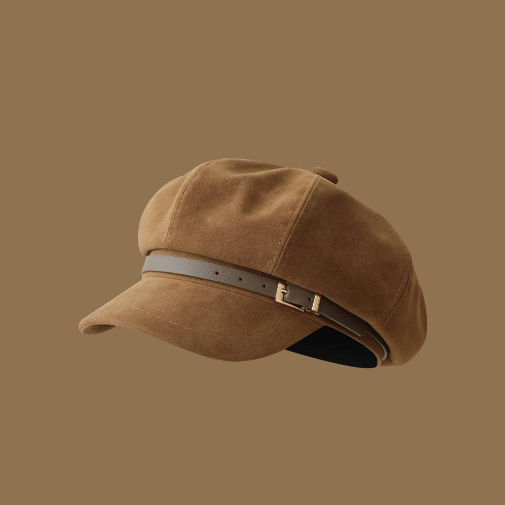 British Style Pu Leather Beret Brown Painter Hat Fashion Suede Octagonal Hat  Streetwear