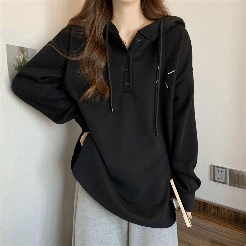 Women's Double-Sided Fleece Hooded Button-Up Loose Long-Sleeve T-Shirt, Slimming Trendy Top - Autumn/Winter 2025