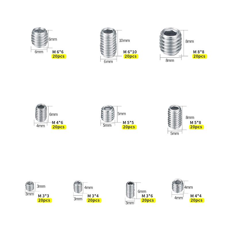 200Pcs Grub Screws Mixed Set with Storage Box Stainless Steel Cone Point Screws Hex Head Thread Socket Screw Assortment Kits