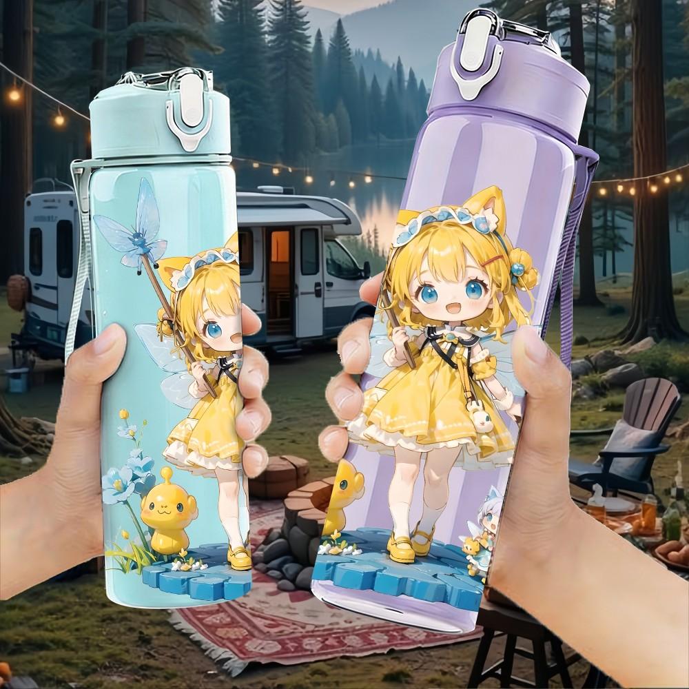1PC Winged Fairy Girl Blue Tone Pattern 750ml Color Plastic Sports Water Bottle Leakproof Flip Straw Lid Suitable for Sports Office Home Use