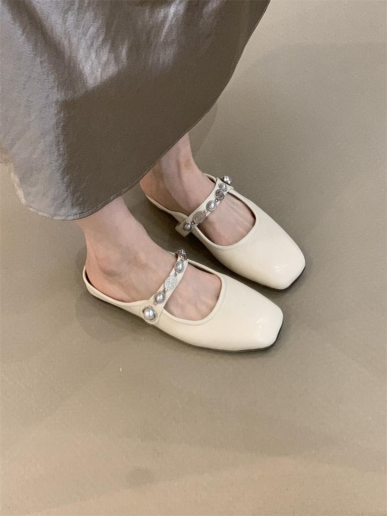Baotou Half Slippers Women's Outer Wear 2025 New French Temperament Elegant Silver Square Head One Pedal Mary Jane Shoes