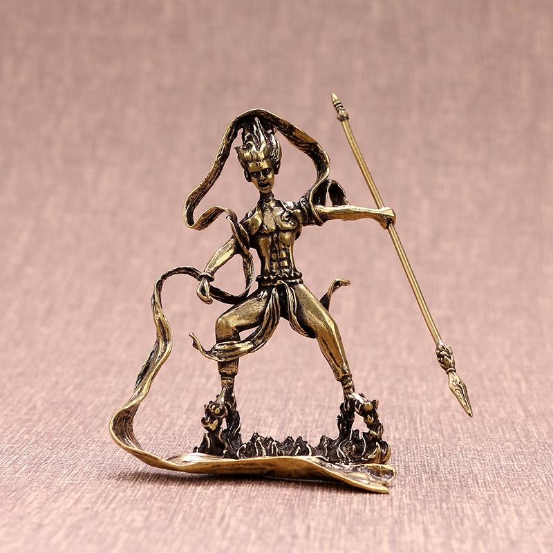 Retro Pure Copper Chinese Myth Nezha Buddha Statue Figurines Creative Desktop Decoration Home Furnishing Craft Gift Decoration